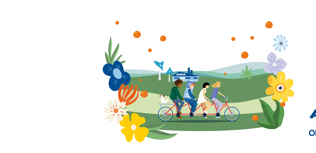 ALPLA employees riding a tandem bike through a scenic landscape, symbolizing teamwork, open vacancies, and sustainable mobility at ALPLA